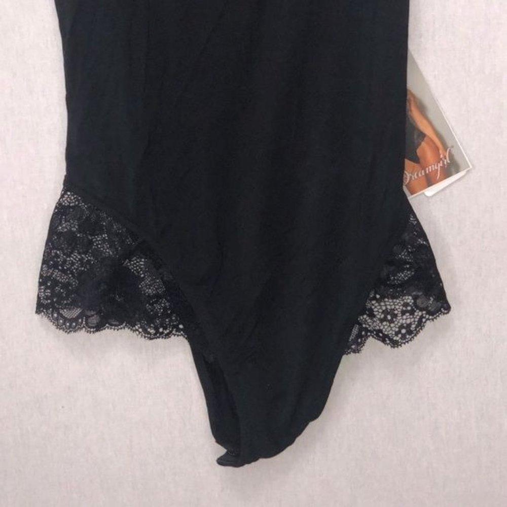 Soft Black Jersey Racerback Bodysuit, lace trim - Picture 3 of 9
